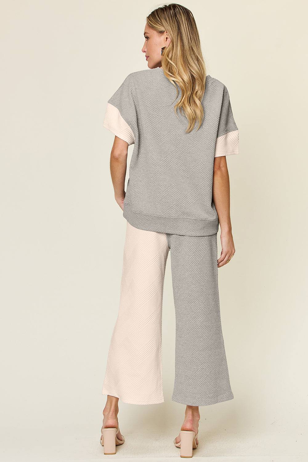 Full Size Texture Contrast T-Shirt and Wide Leg Pants Set