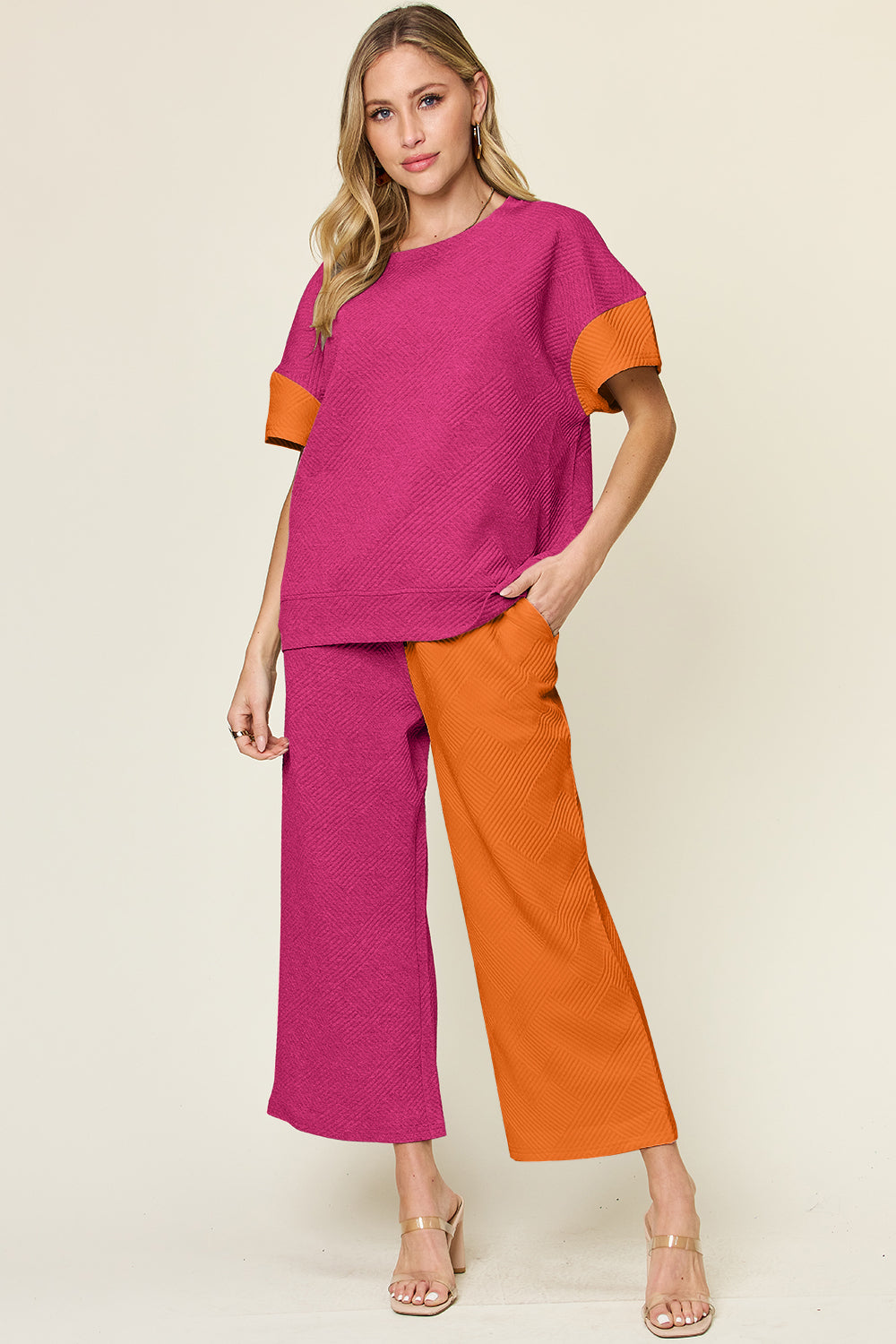 Full Size Texture Contrast T-Shirt and Wide Leg Pants Set