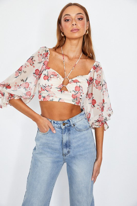 Chiffon Balloon Sleeved Bustier Crop Top