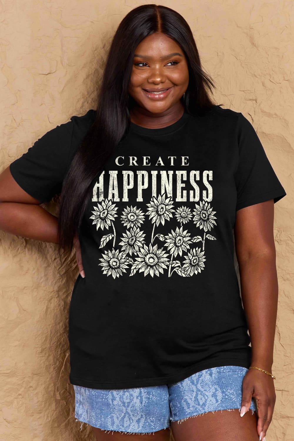 Full Size CREATE HAPPINESS Graphic Cotton T-Shirt