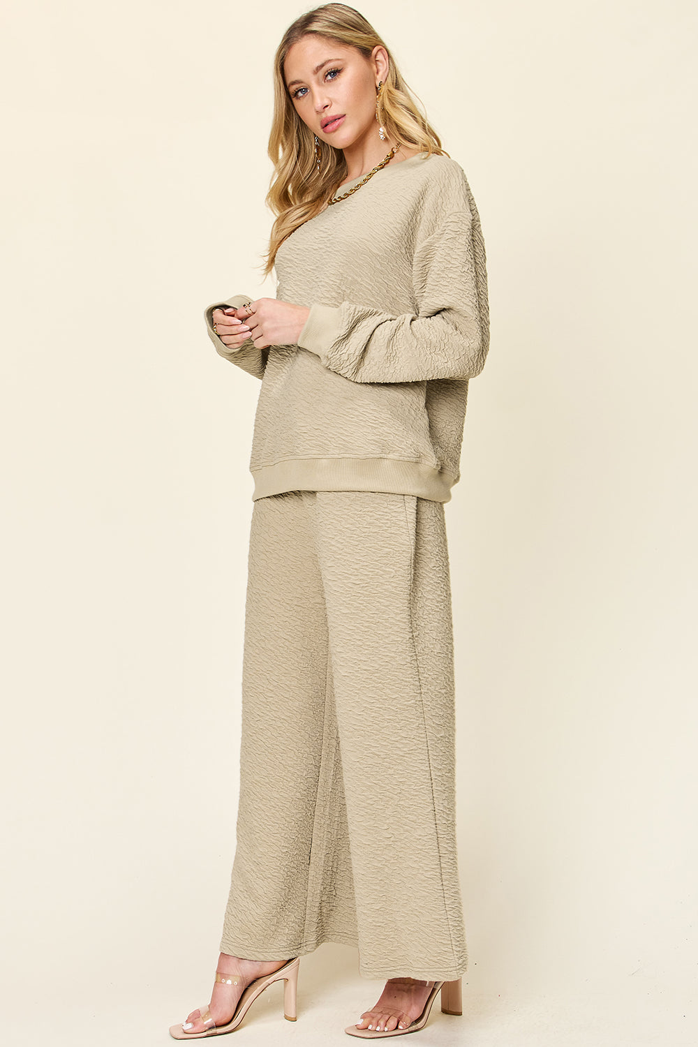 Full Size Texture Long Sleeve Top and Pants Set