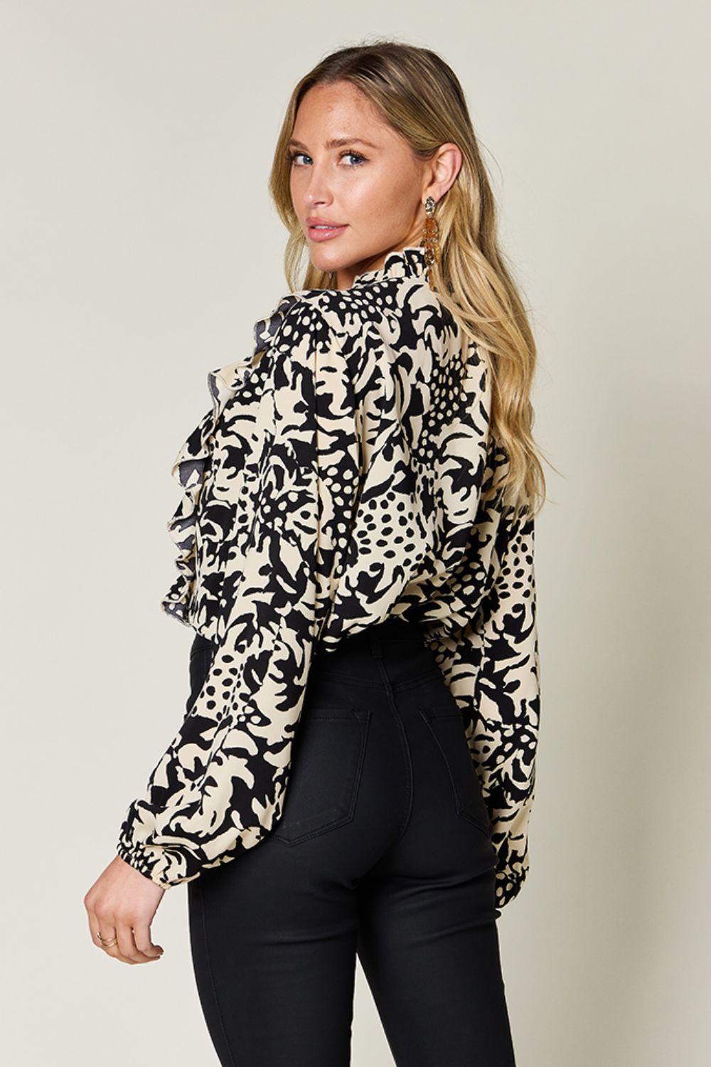 Full Size Printed Ruffle Trim Balloon Sleeve Shirt