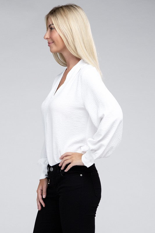 Woven Airflow V-Neck Long Sleeve Top