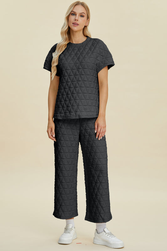 Full Size Texture Round Neck Short Sleeve Top and Pants Set