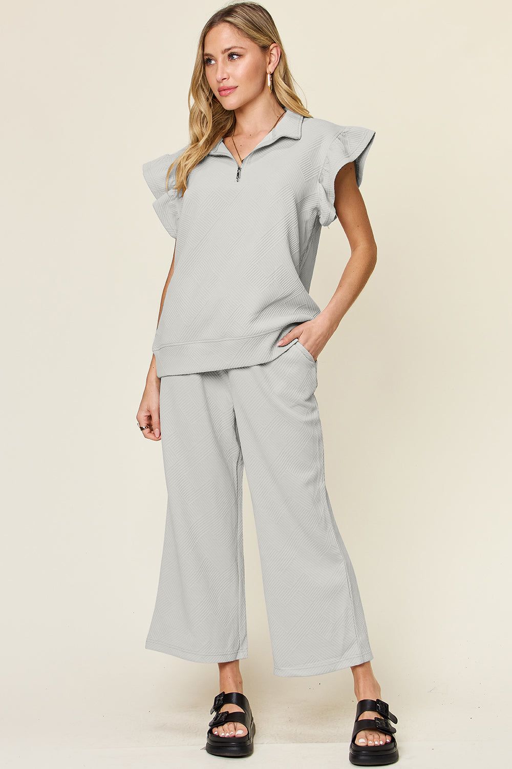 Texture Ruffle Short Sleeve Top and Drawstring Wide Leg Pants Set