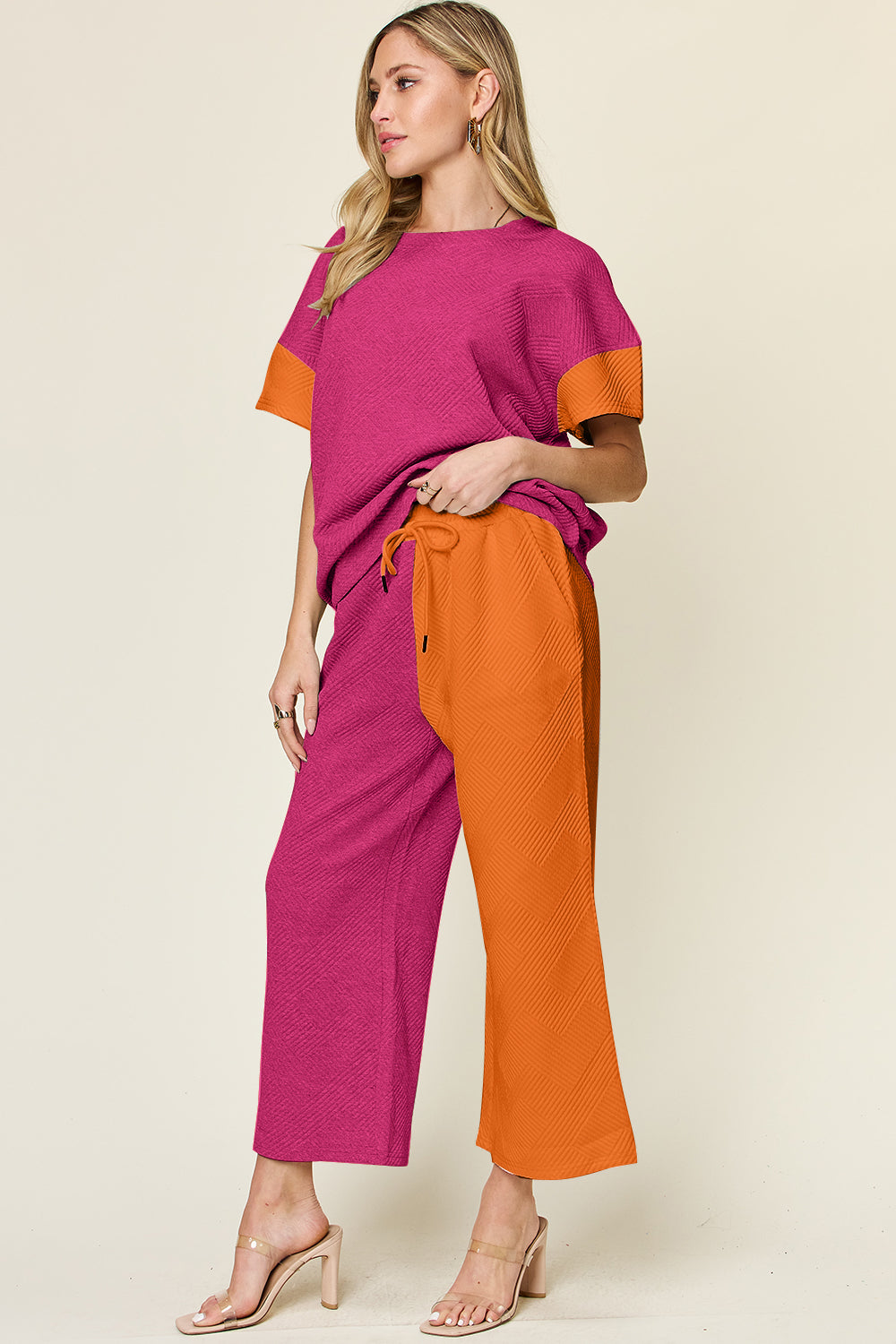 Full Size Texture Contrast T-Shirt and Wide Leg Pants Set