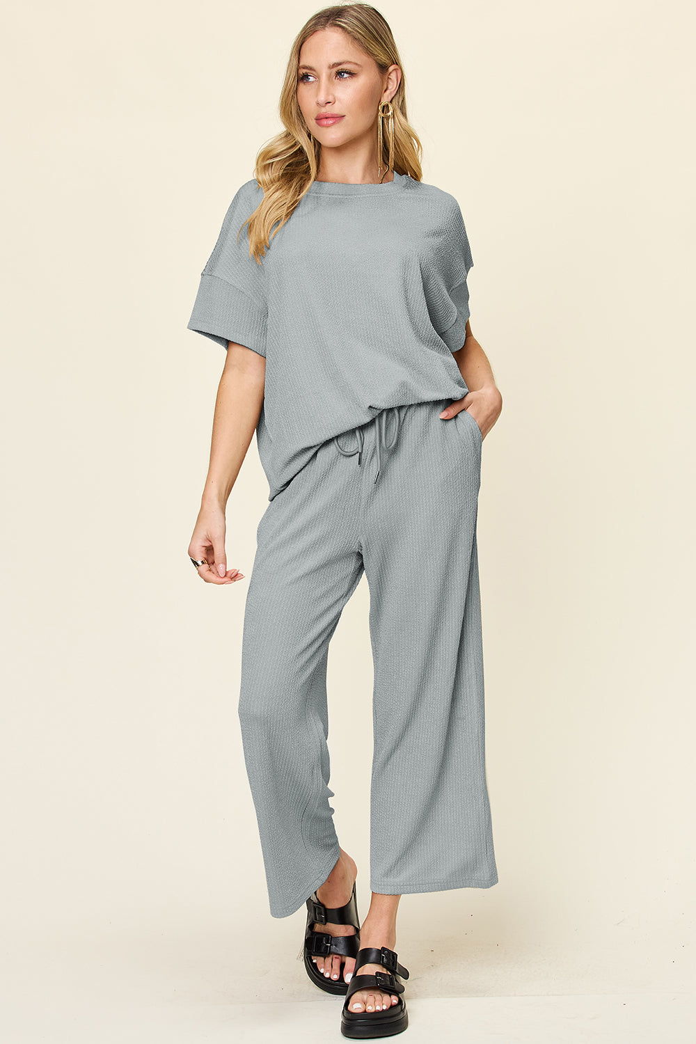 Full Size Texture Round Neck Short Sleeve T-Shirt and Wide Leg Pants