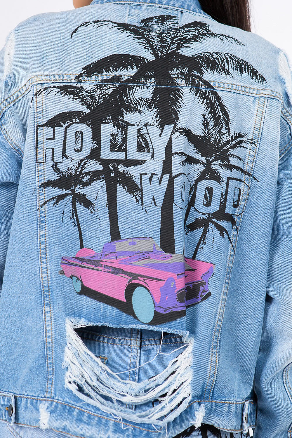 Graphic Distressed Long Sleeve Denim Jacket