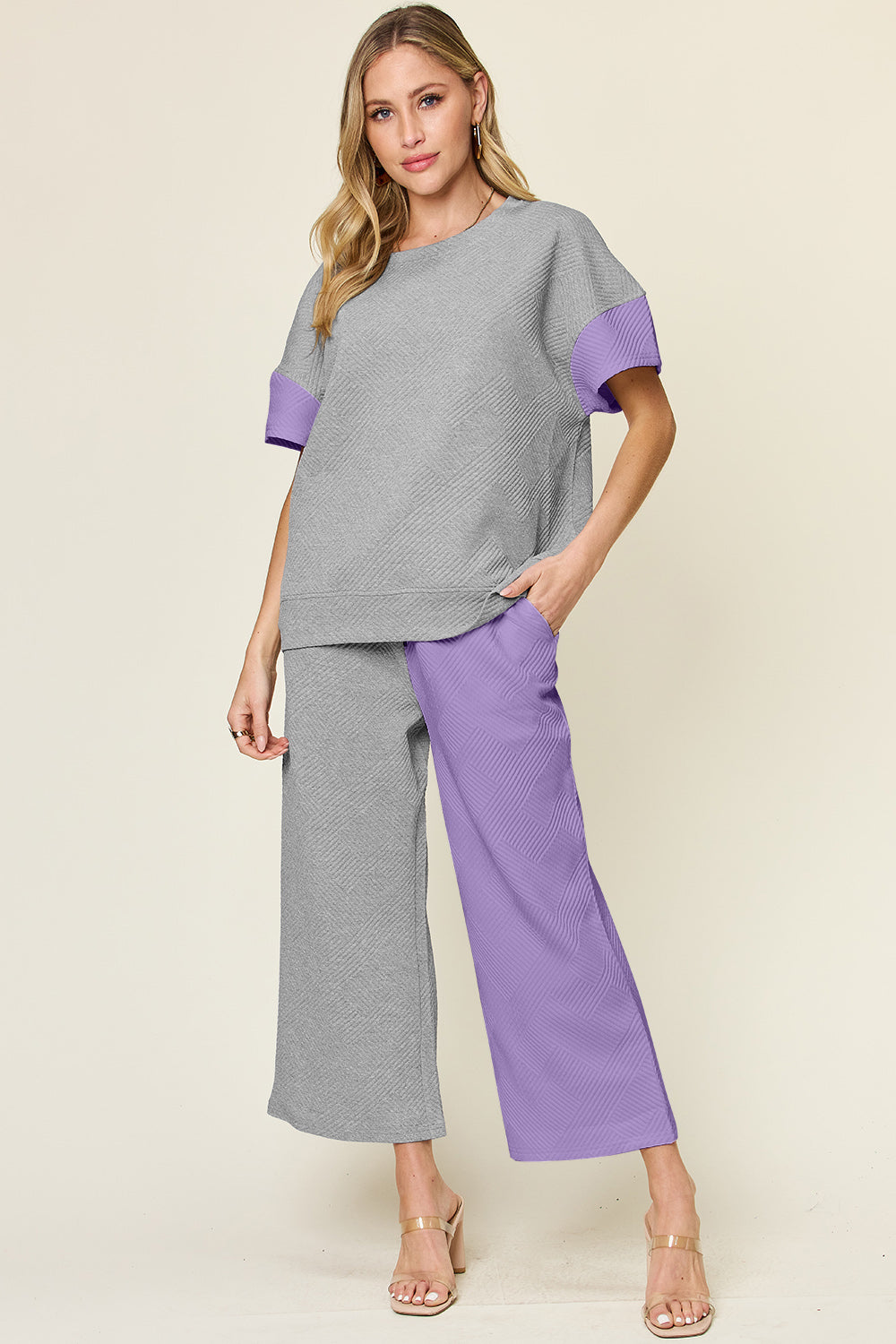 Full Size Texture Contrast T-Shirt and Wide Leg Pants Set