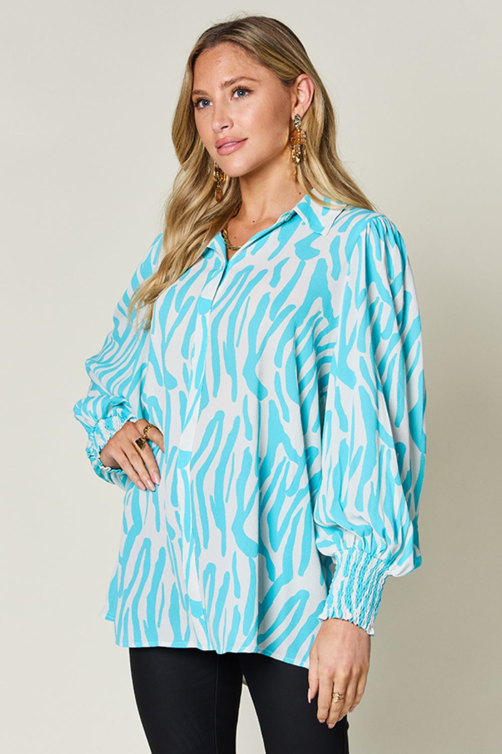 Full Size Printed Smocked Long Sleeve Blouse