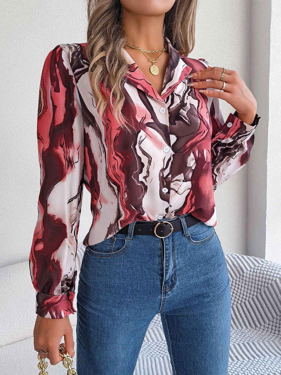 Printed Button Up Long Sleeve Shirt