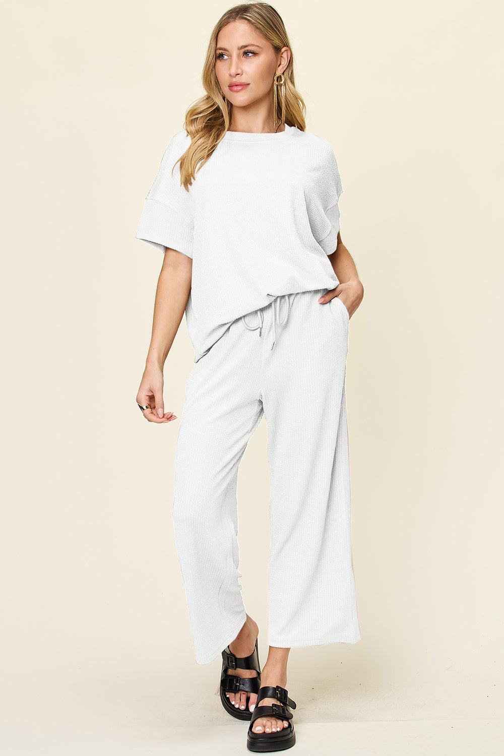 Full Size Texture Round Neck Short Sleeve T-Shirt and Wide Leg Pants