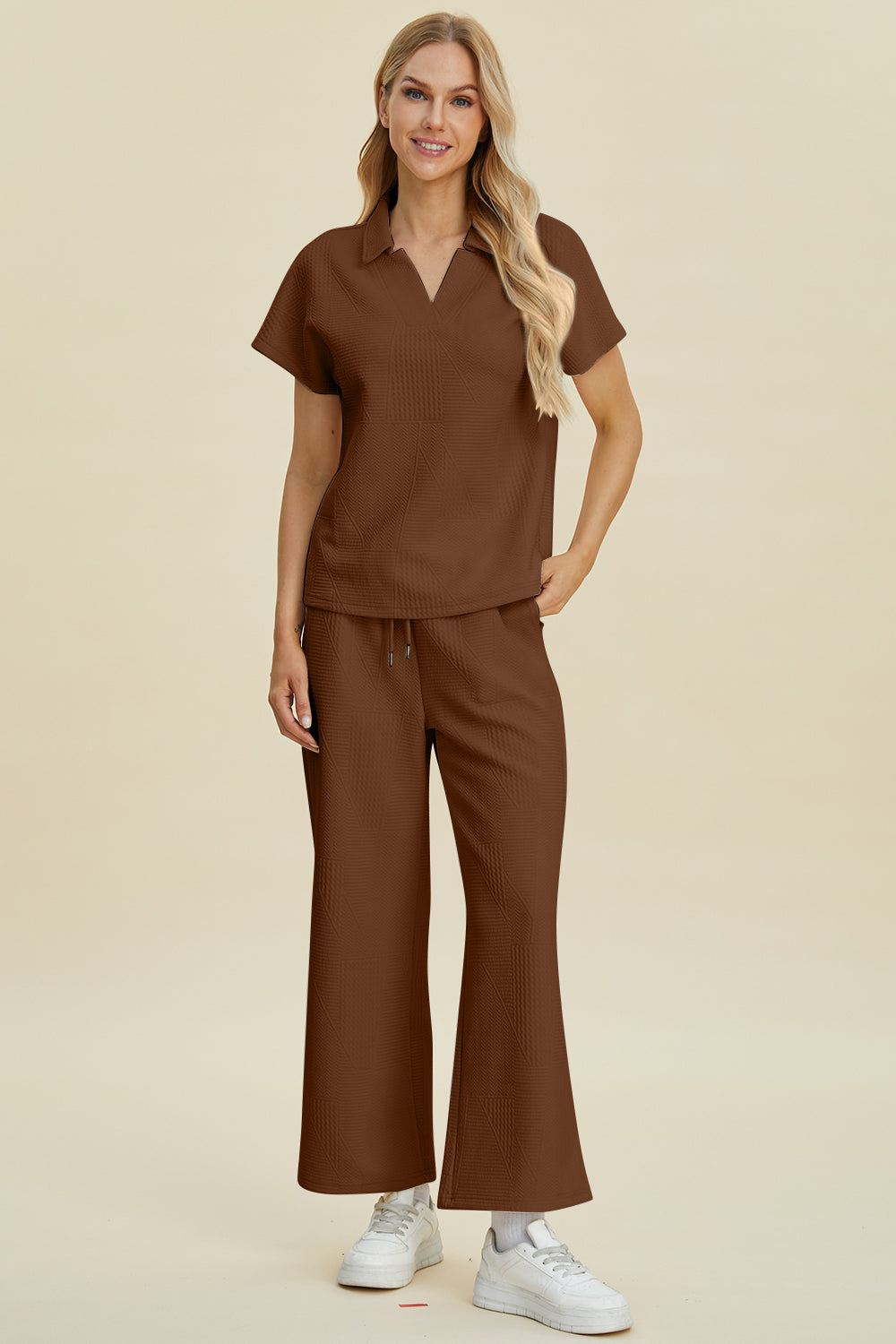 Double Take Full Size Collared Neck Short Sleeve Top and Pants Set