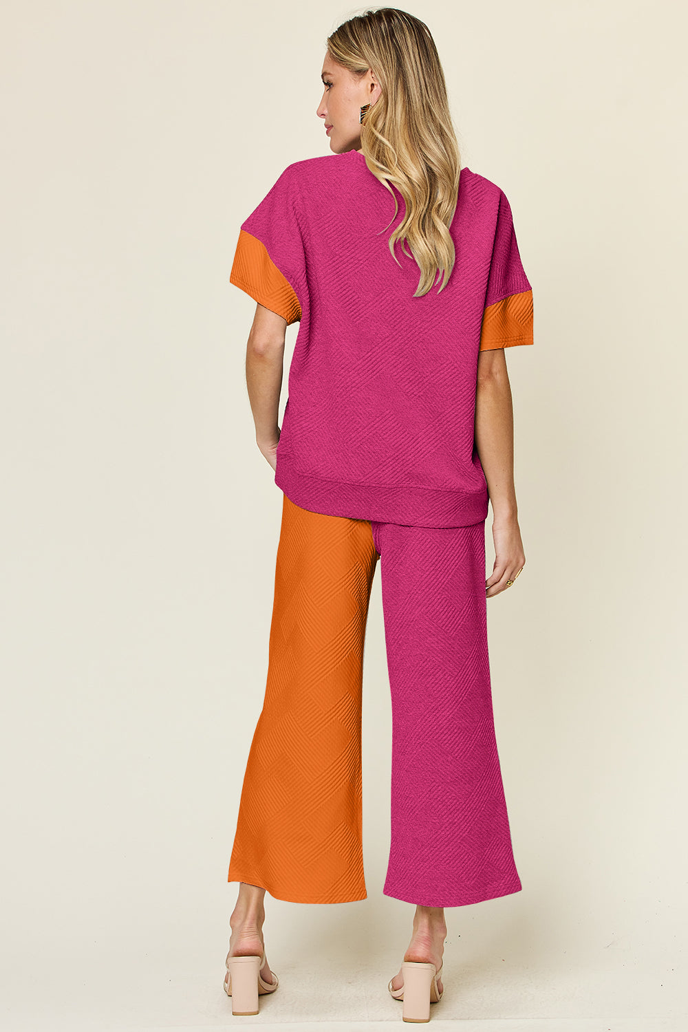 Full Size Texture Contrast T-Shirt and Wide Leg Pants Set