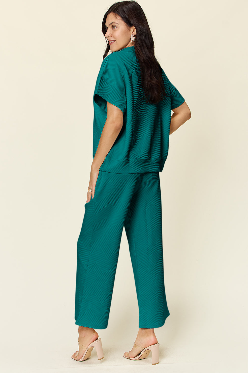 Full Size Texture Half Zip Short Sleeve Top and Pants Set