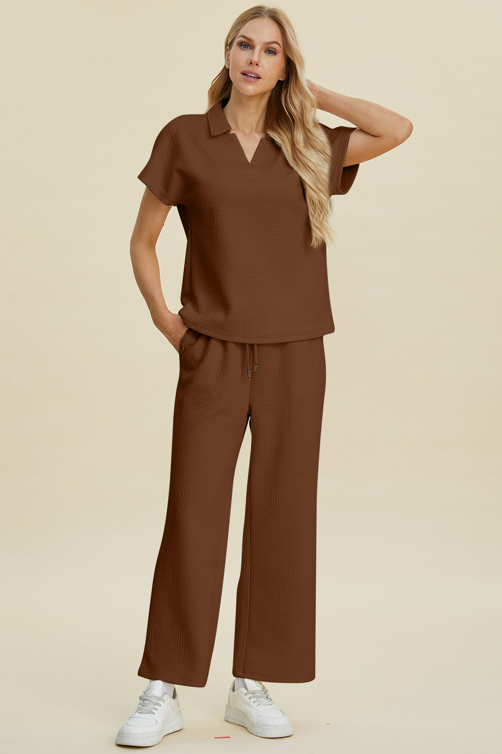 Double Take Full Size Collared Neck Short Sleeve Top and Pants Set