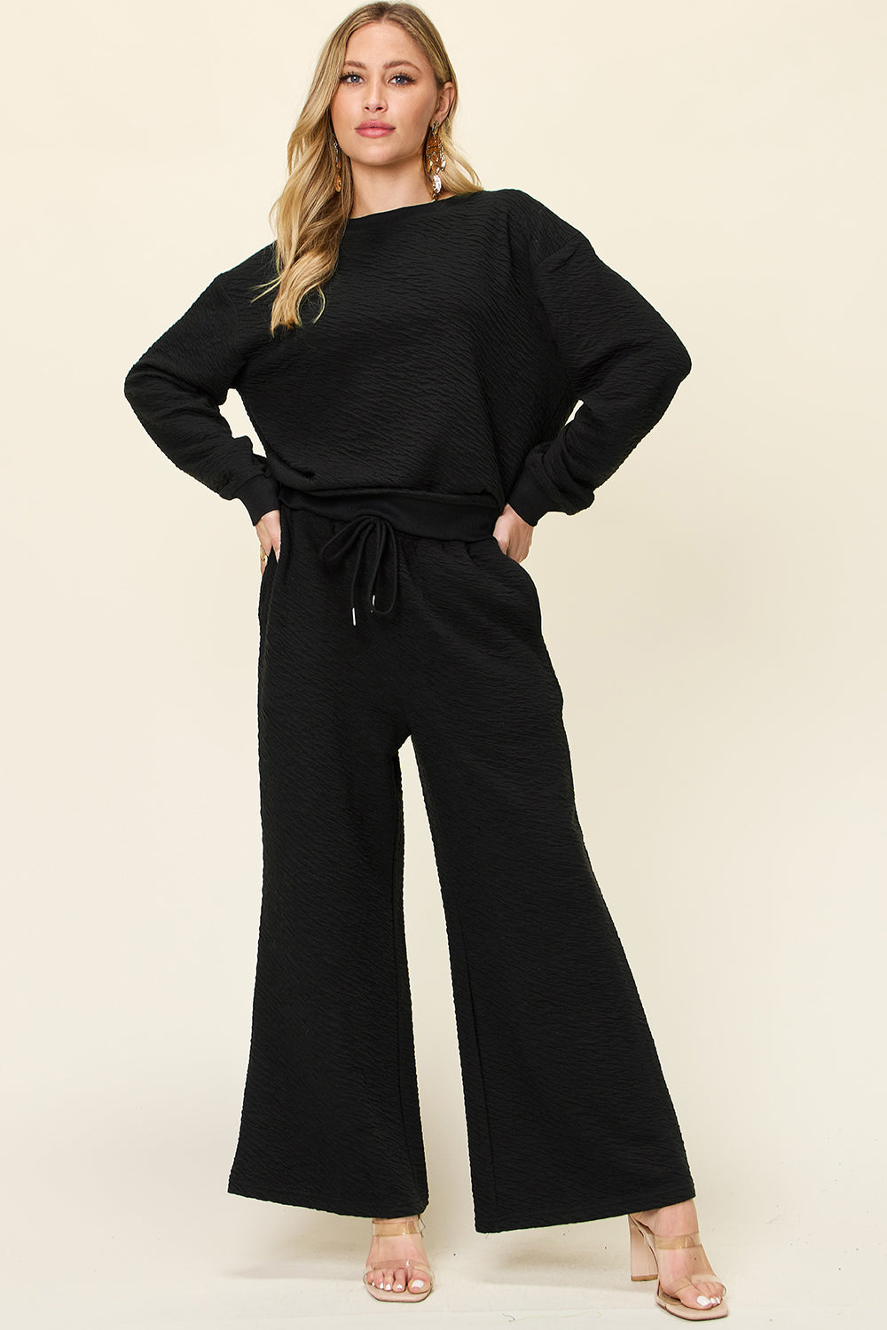 Full Size Texture Long Sleeve Top and Pants Set