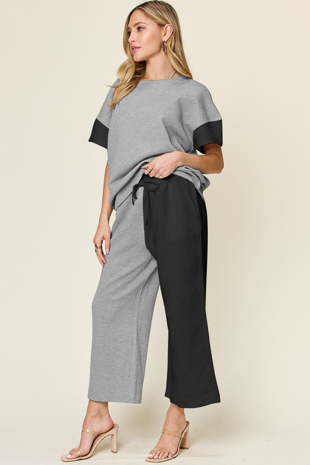 Full Size Texture Contrast T-Shirt and Wide Leg Pants Set