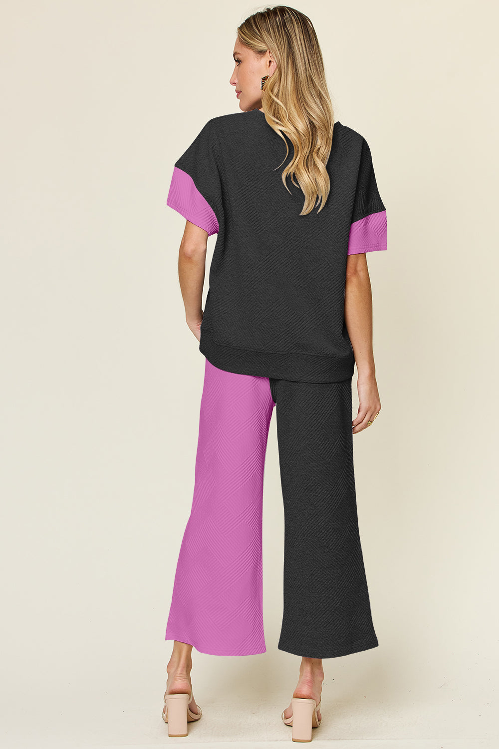 Full Size Texture Contrast T-Shirt and Wide Leg Pants Set