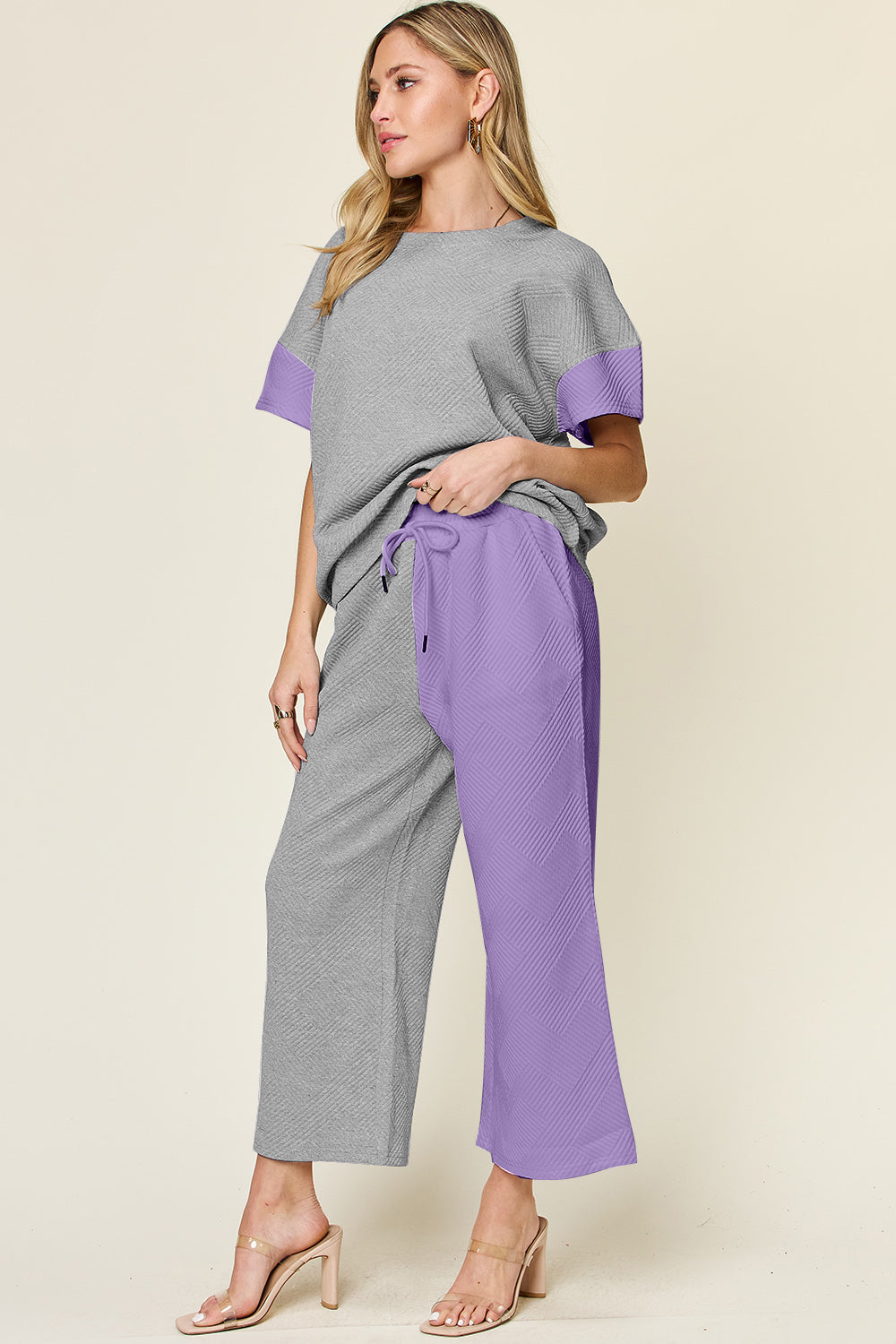 Full Size Texture Contrast T-Shirt and Wide Leg Pants Set