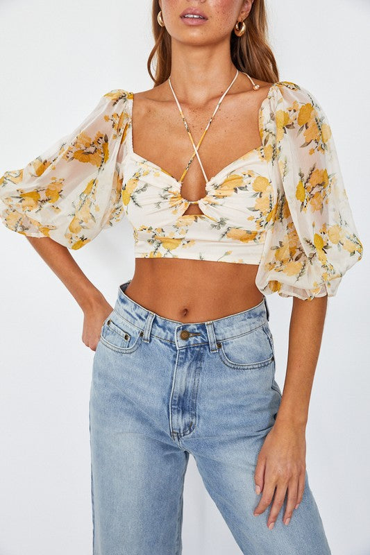 Chiffon Balloon Sleeved Bustier Crop Top