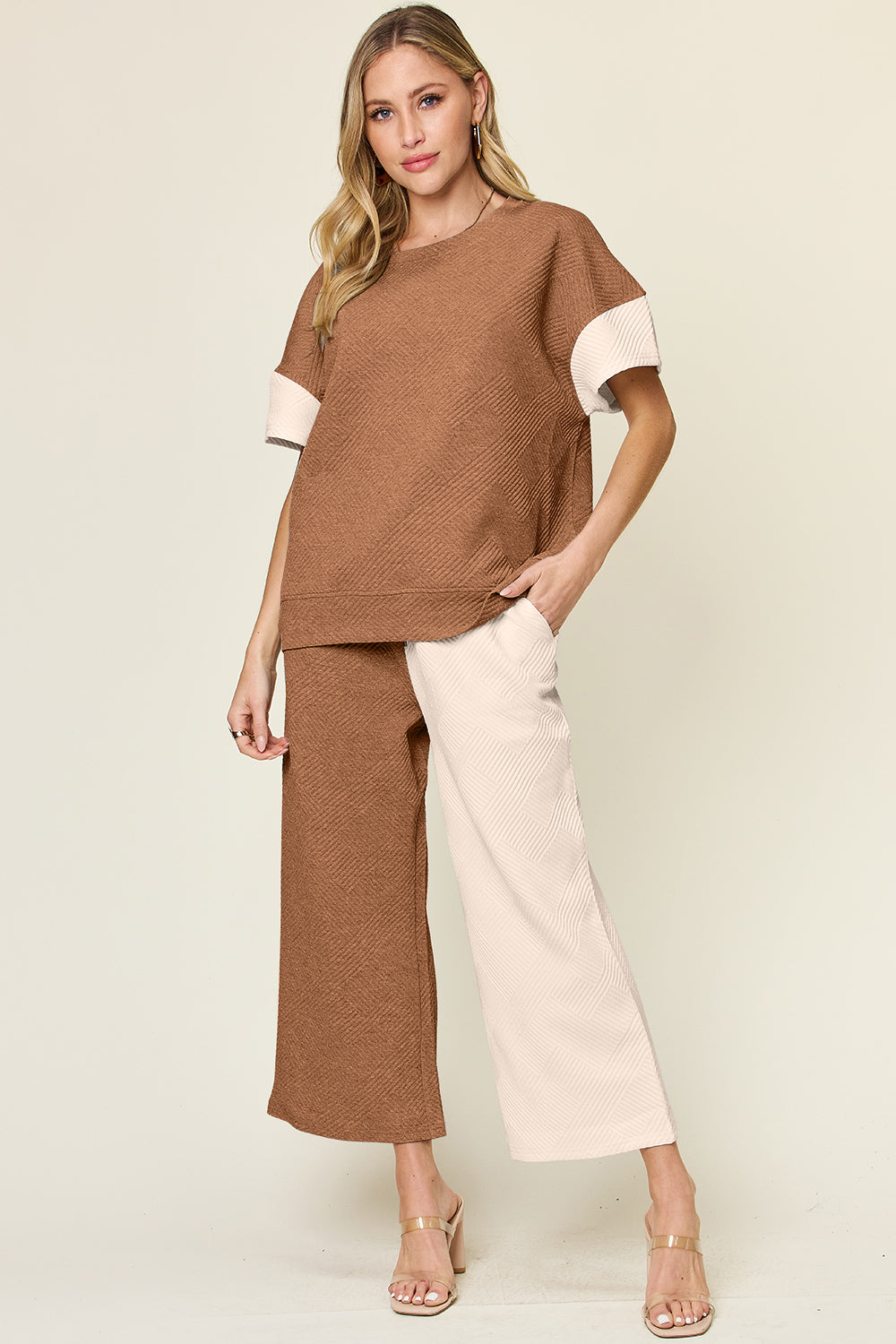 Full Size Texture Contrast T-Shirt and Wide Leg Pants Set