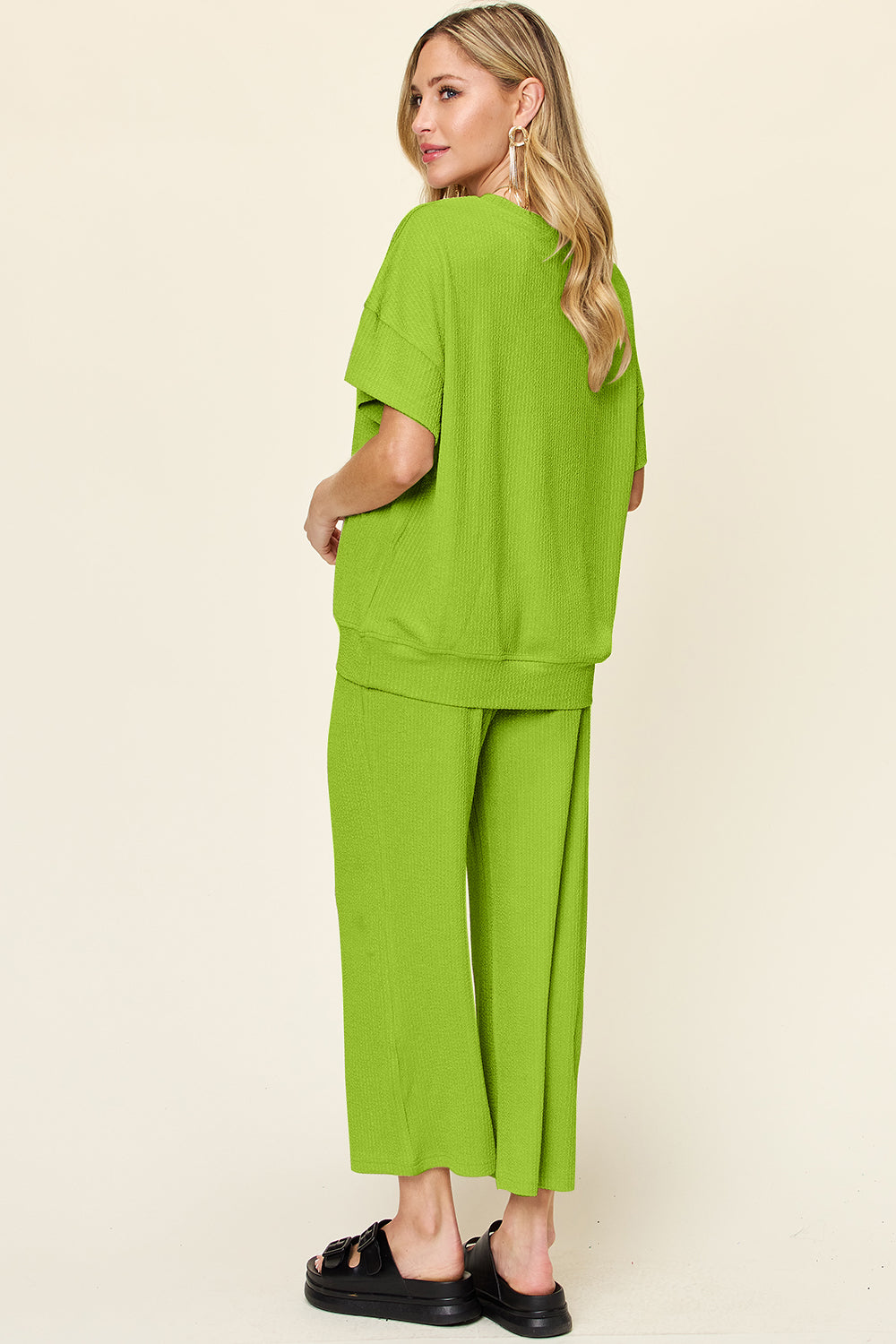 Full Size Texture Round Neck Short Sleeve T-Shirt and Wide Leg Pants