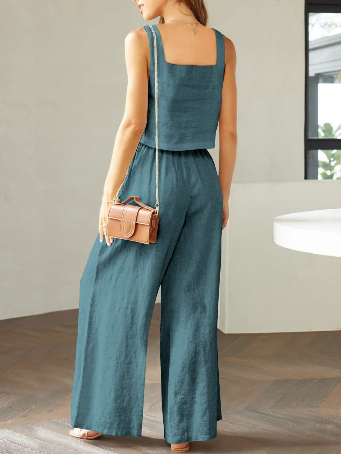 Square Neck Top and Wide Leg Pants Set