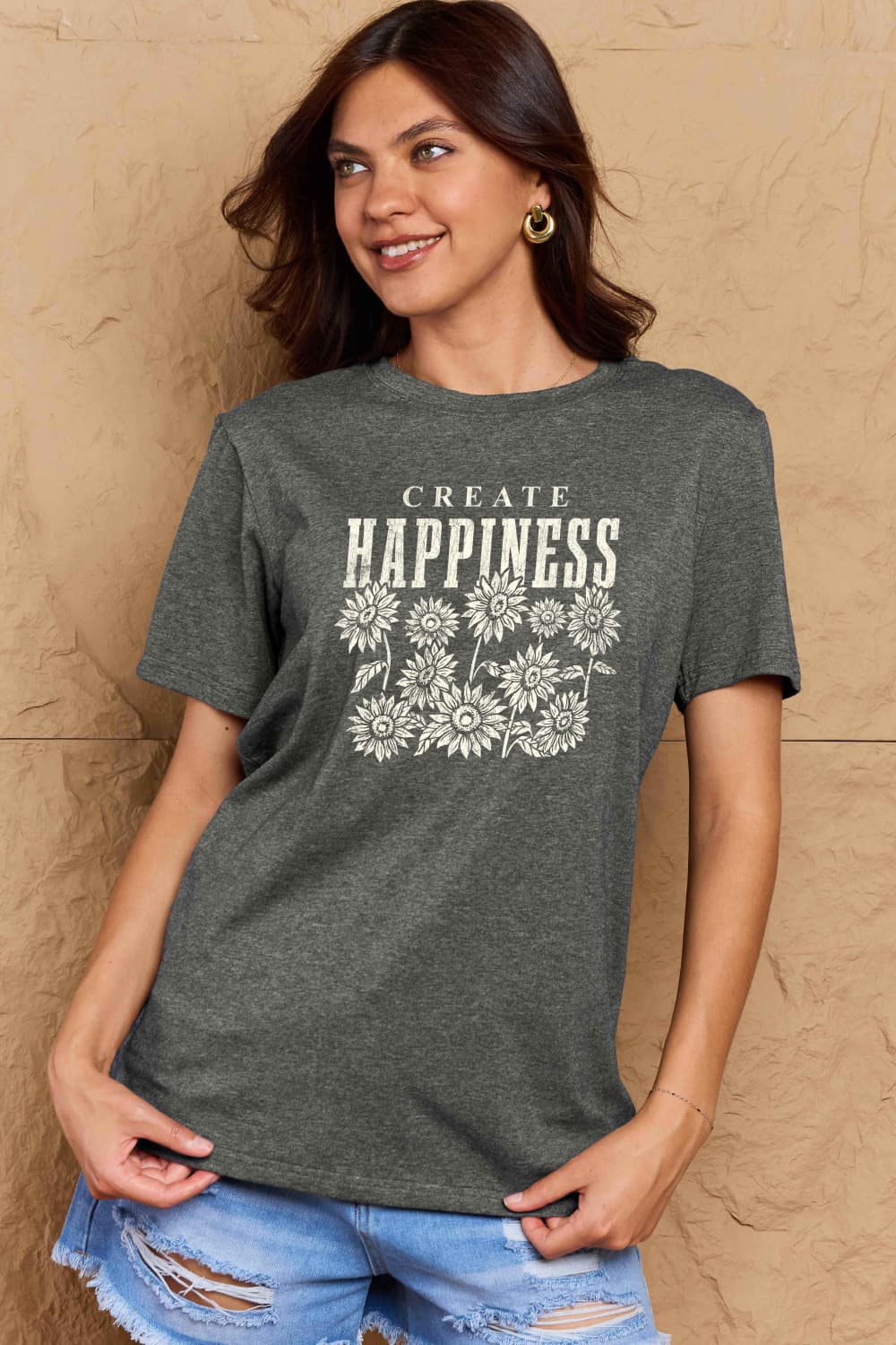 Full Size CREATE HAPPINESS Graphic Cotton T-Shirt