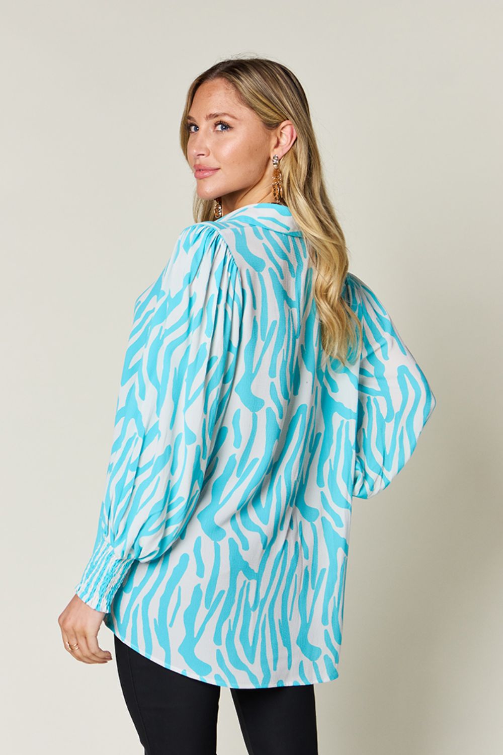 Full Size Printed Smocked Long Sleeve Blouse