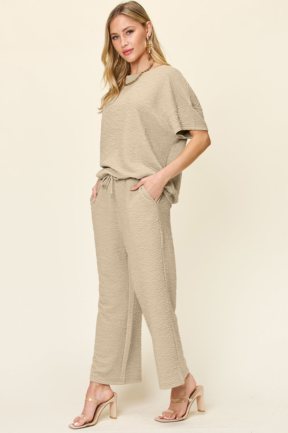 Full Size Texture Short Sleeve Top and Pants Set