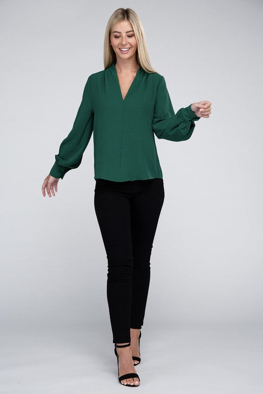 Woven Airflow V-Neck Long Sleeve Top