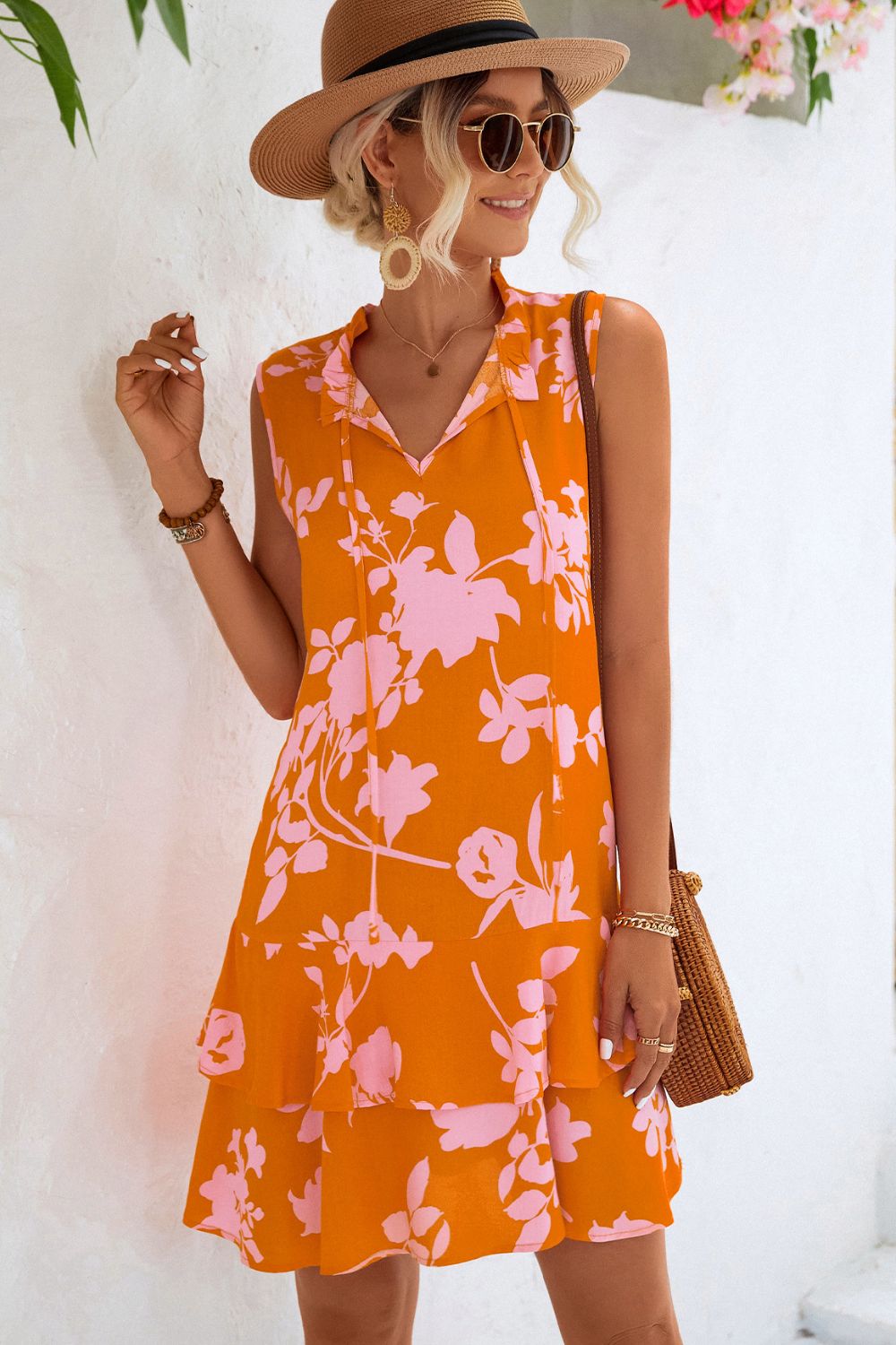 Floral Tie Neck Sleeveless Layered Dress