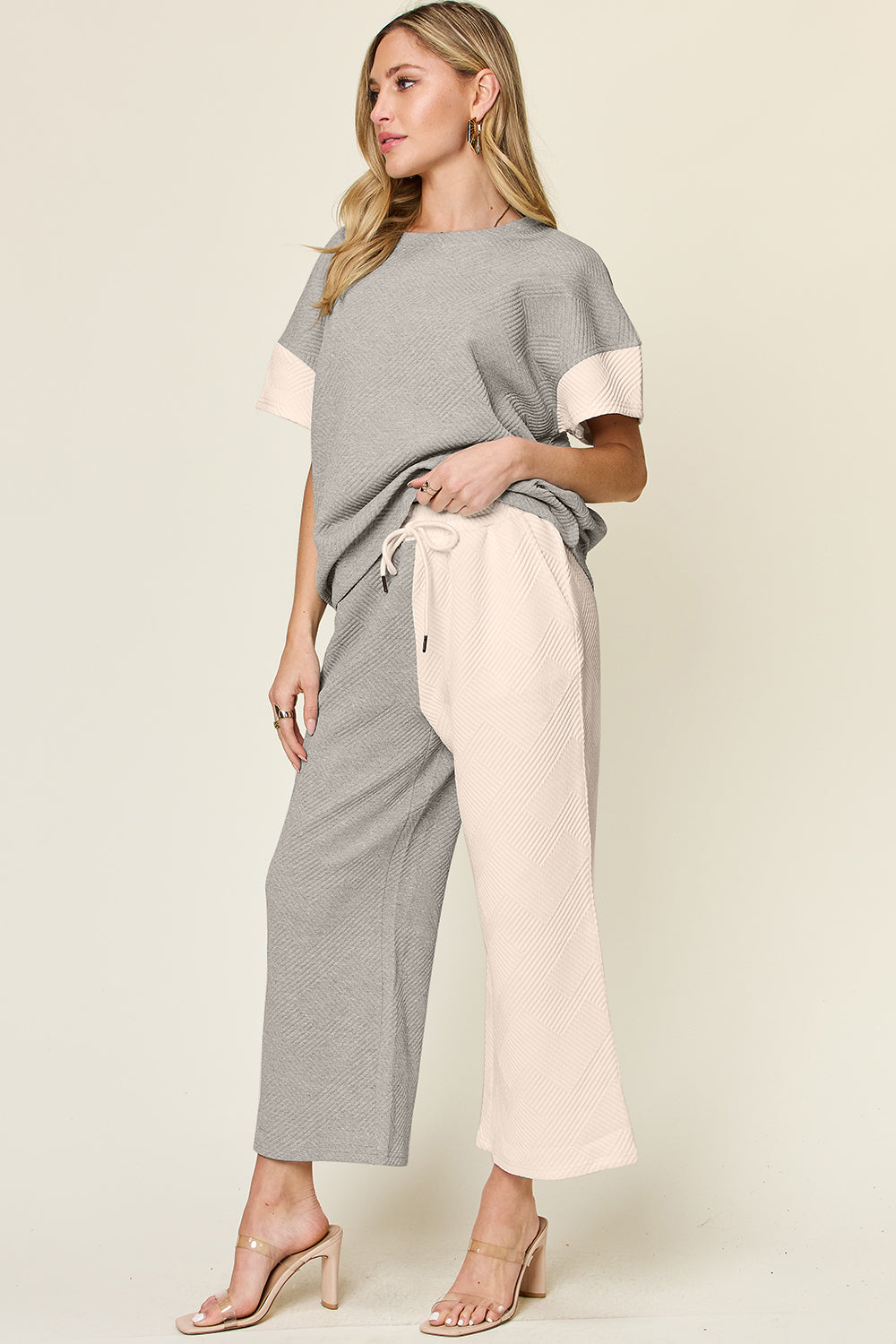 Full Size Texture Contrast T-Shirt and Wide Leg Pants Set