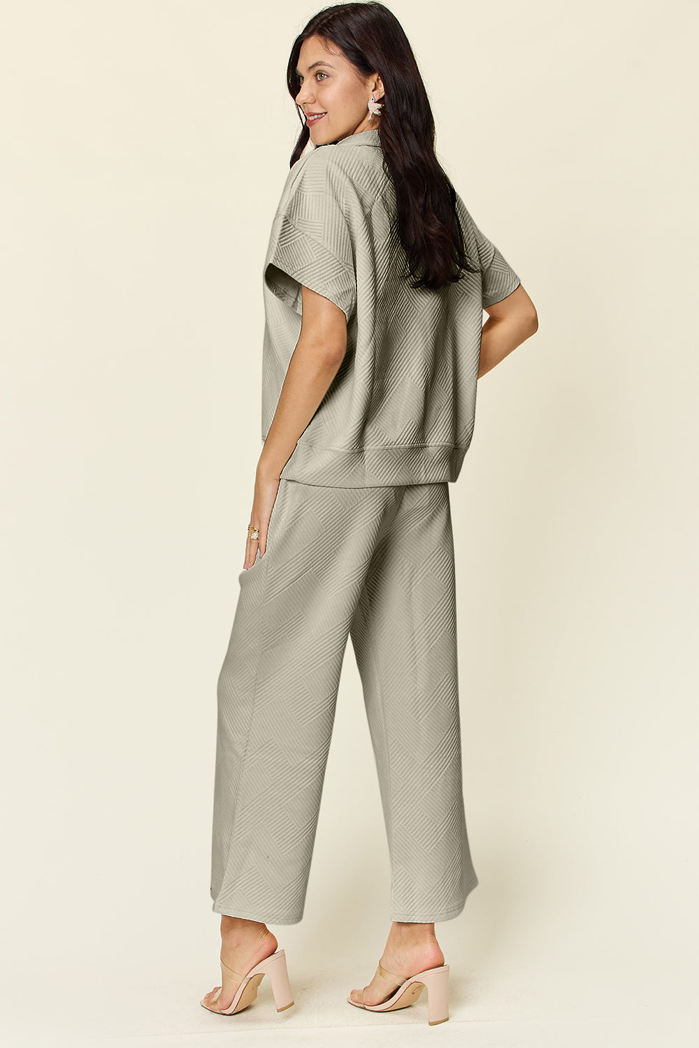 Full Size Texture Half Zip Short Sleeve Top and Pants Set