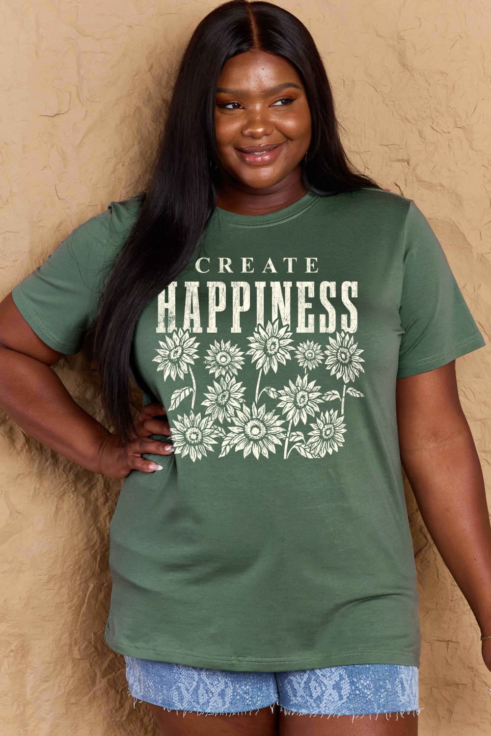 Full Size CREATE HAPPINESS Graphic Cotton T-Shirt