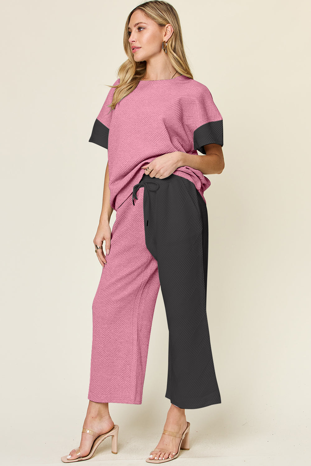 Full Size Texture Contrast T-Shirt and Wide Leg Pants Set