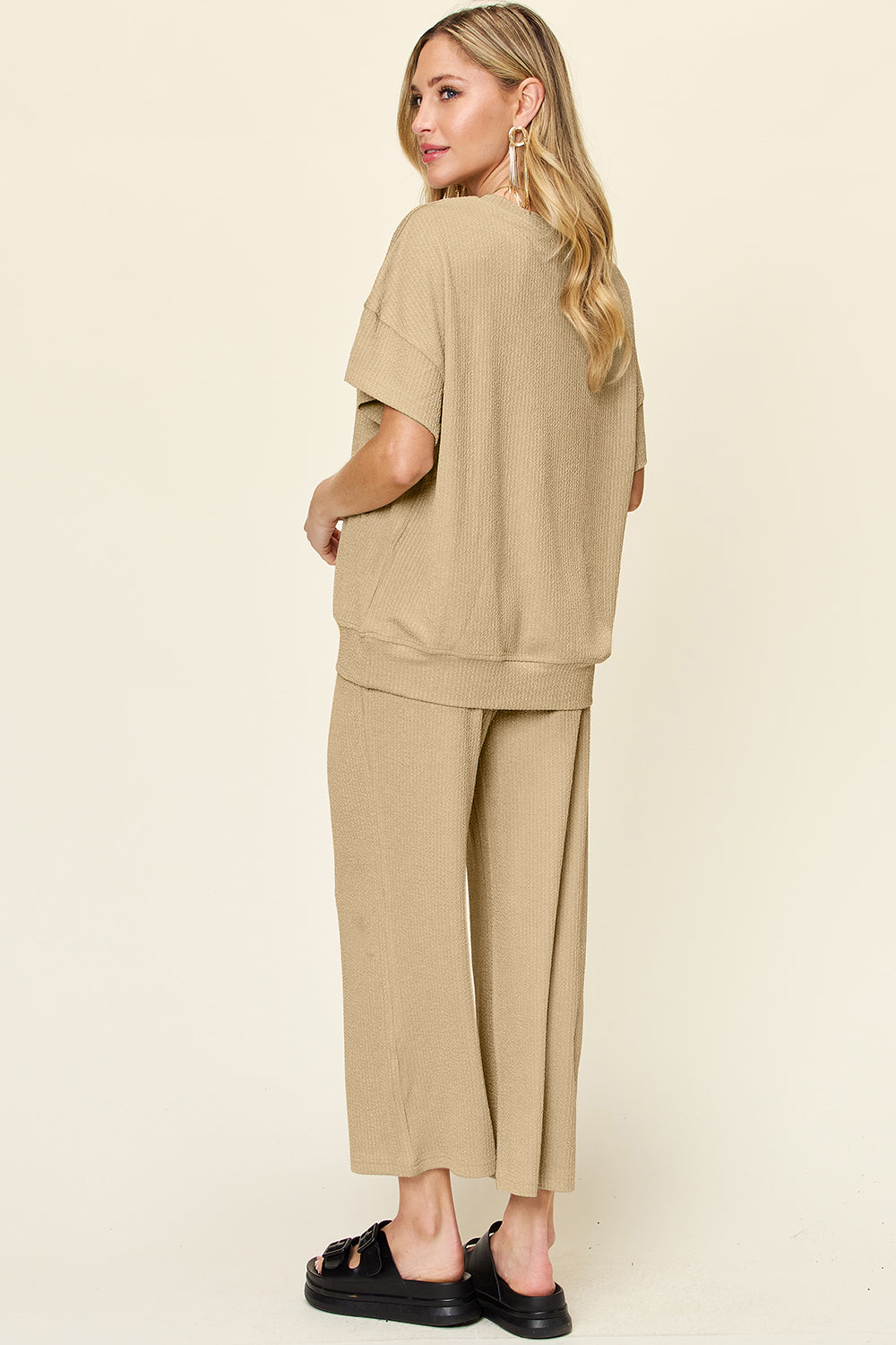 Full Size Texture Round Neck Short Sleeve T-Shirt and Wide Leg Pants