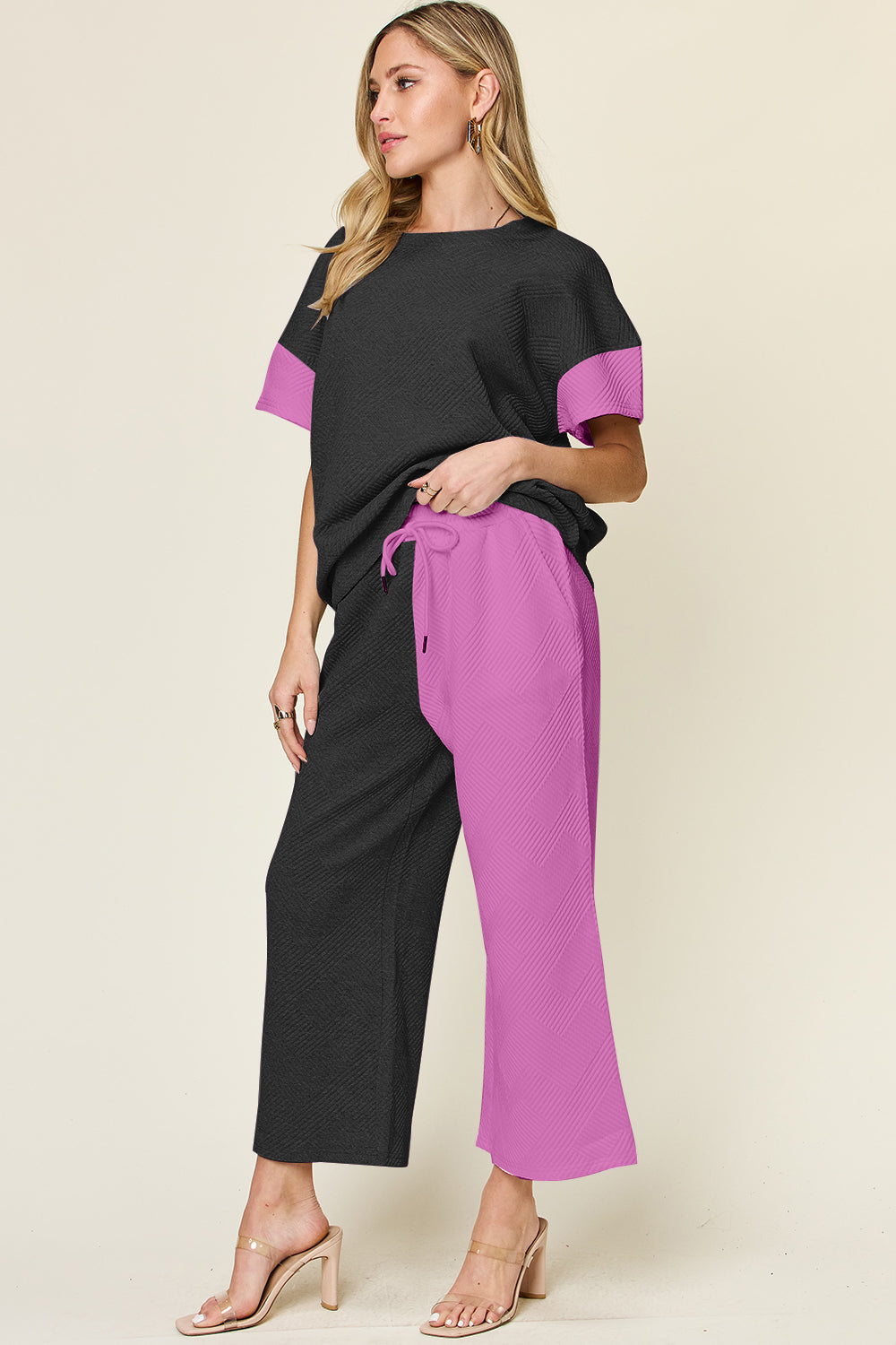 Full Size Texture Contrast T-Shirt and Wide Leg Pants Set