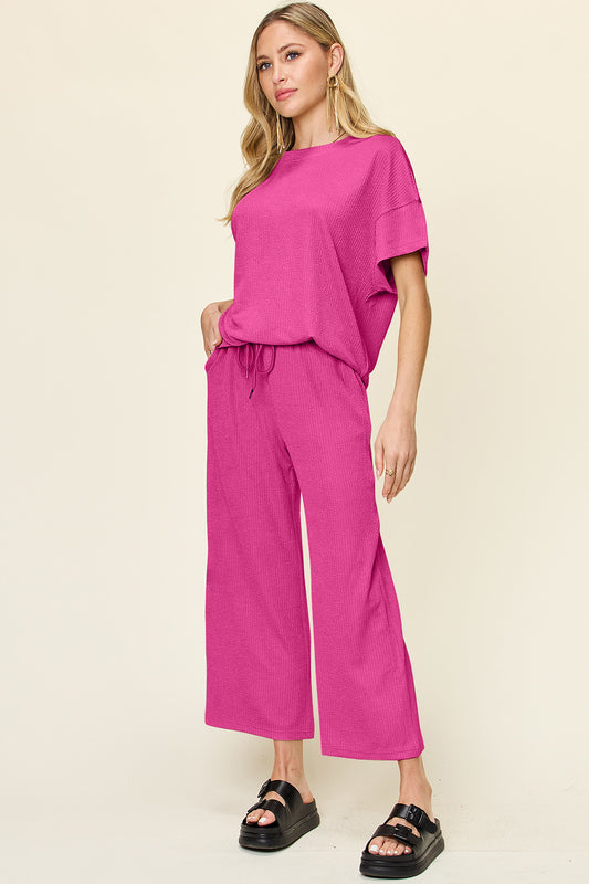 Full Size Texture Round Neck Short Sleeve T-Shirt and Wide Leg Pants