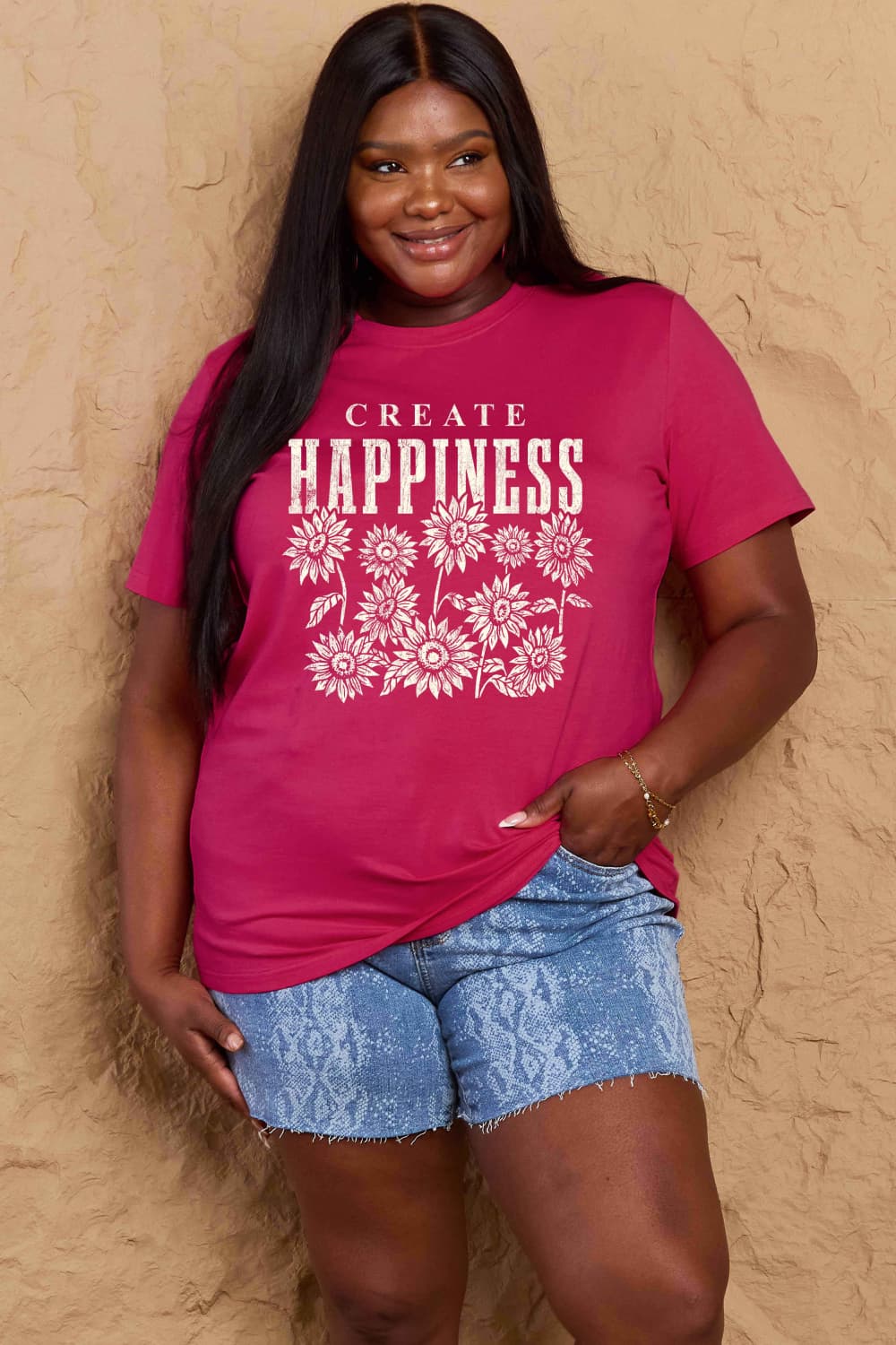 Full Size CREATE HAPPINESS Graphic Cotton T-Shirt