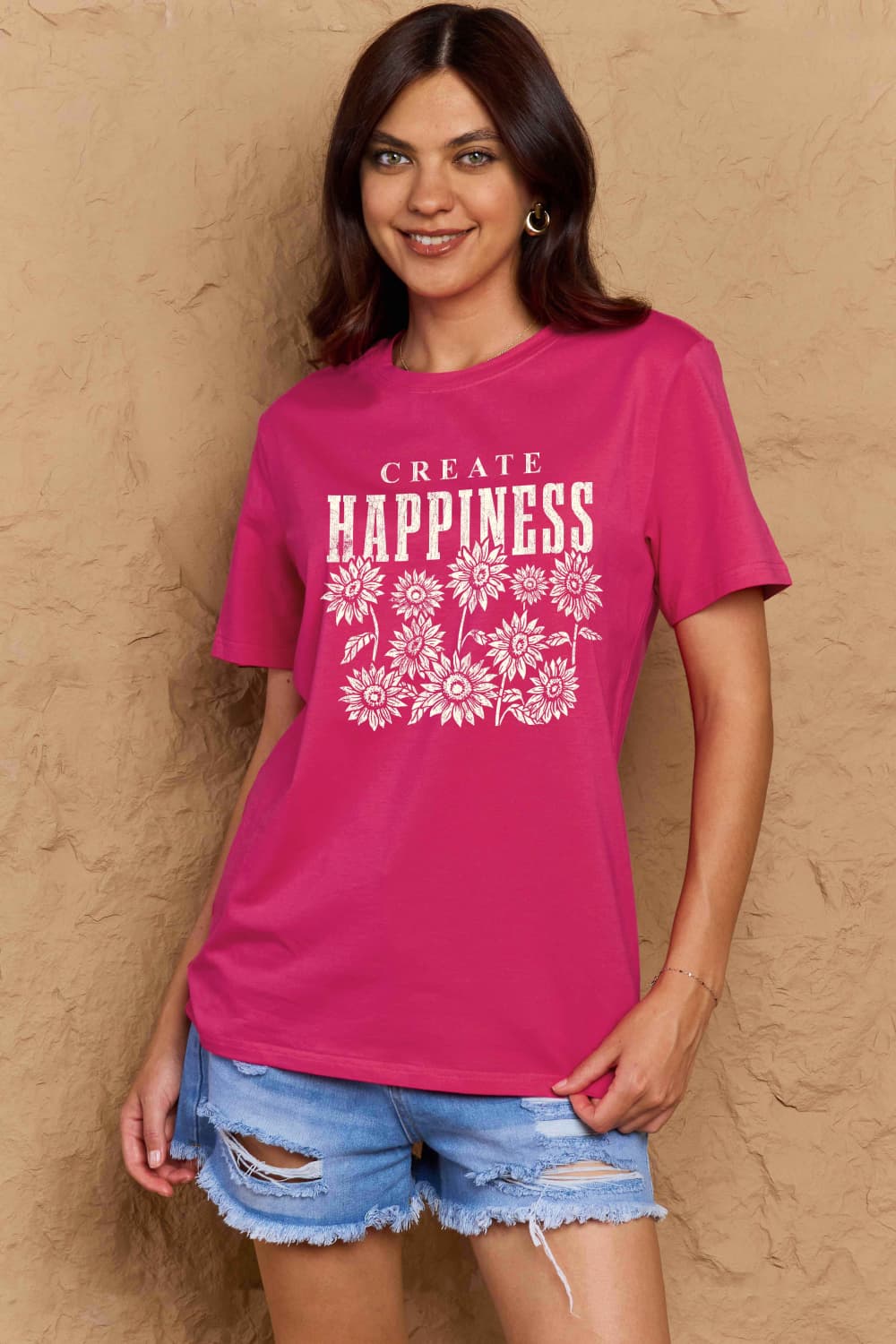 Full Size CREATE HAPPINESS Graphic Cotton T-Shirt