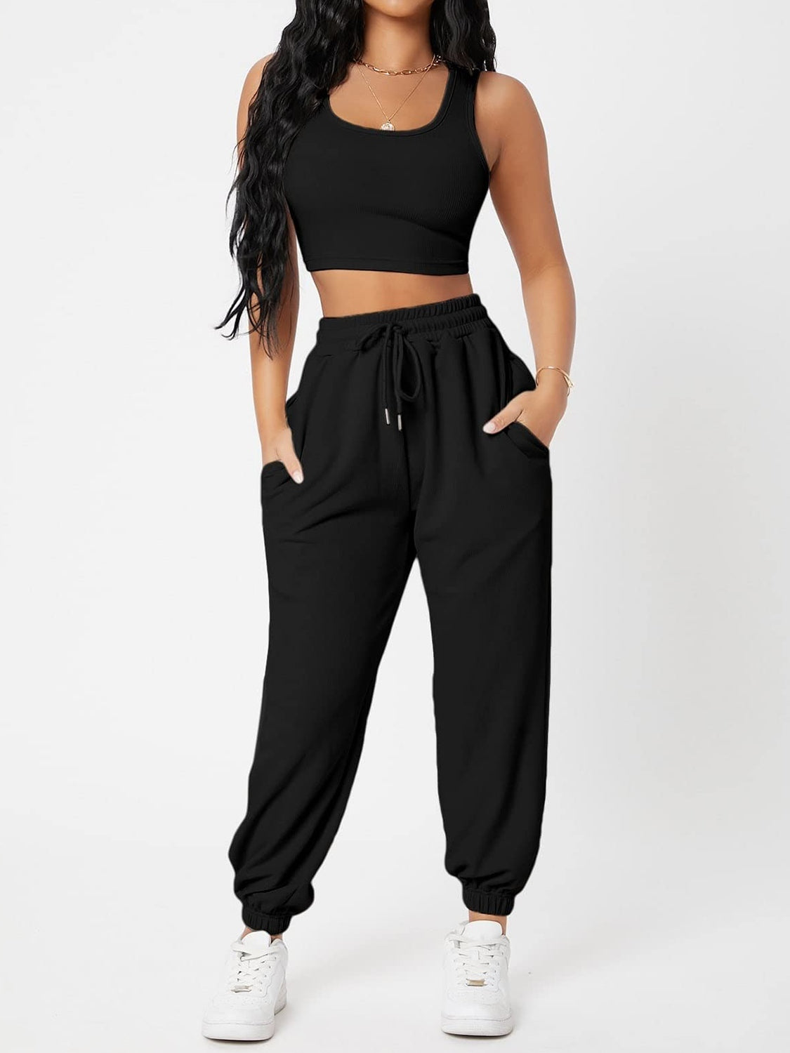 Wide Strap Top and Drawstring Joggers Set