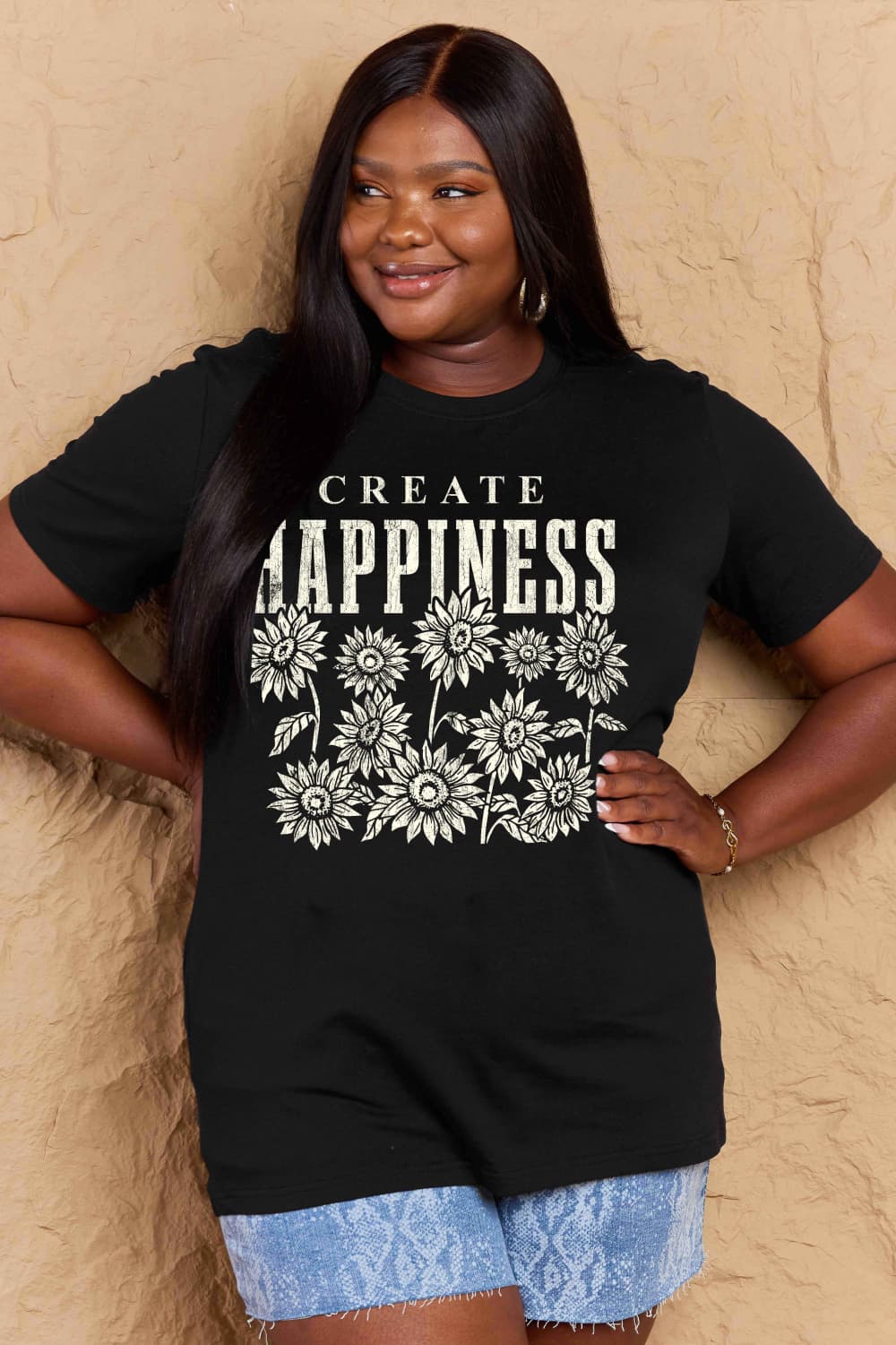 Full Size CREATE HAPPINESS Graphic Cotton T-Shirt