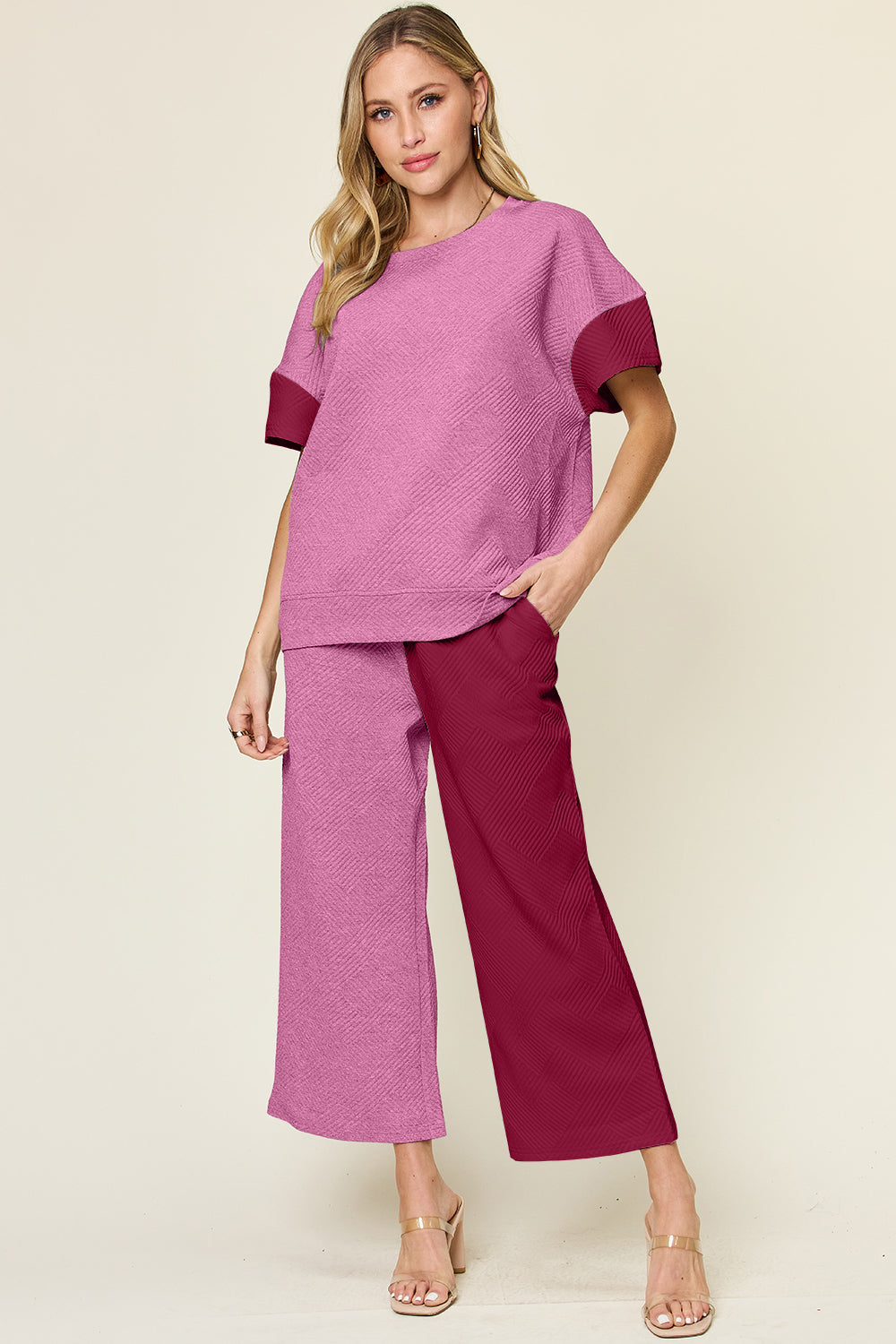 Full Size Texture Contrast T-Shirt and Wide Leg Pants Set