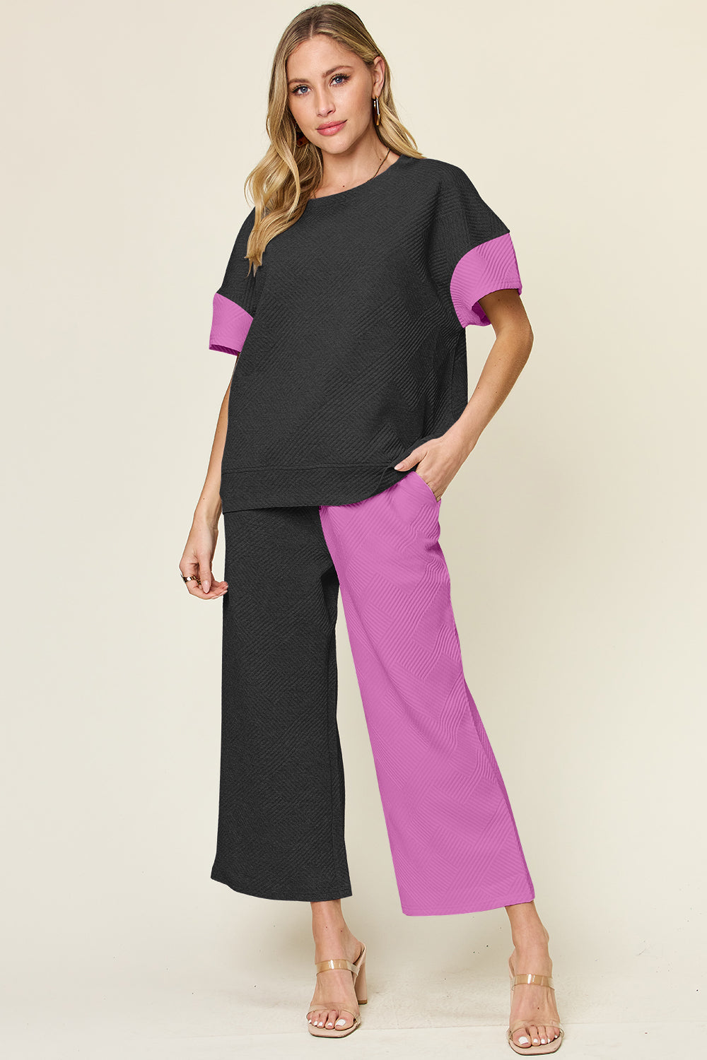 Full Size Texture Contrast T-Shirt and Wide Leg Pants Set