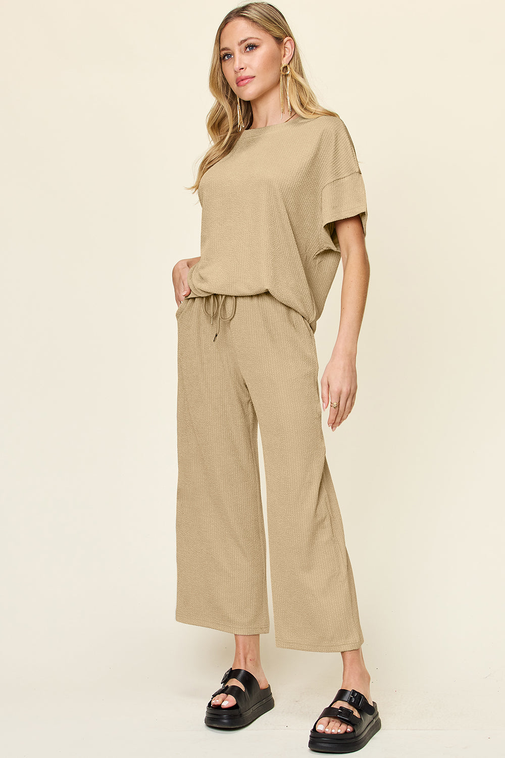 Full Size Texture Round Neck Short Sleeve T-Shirt and Wide Leg Pants