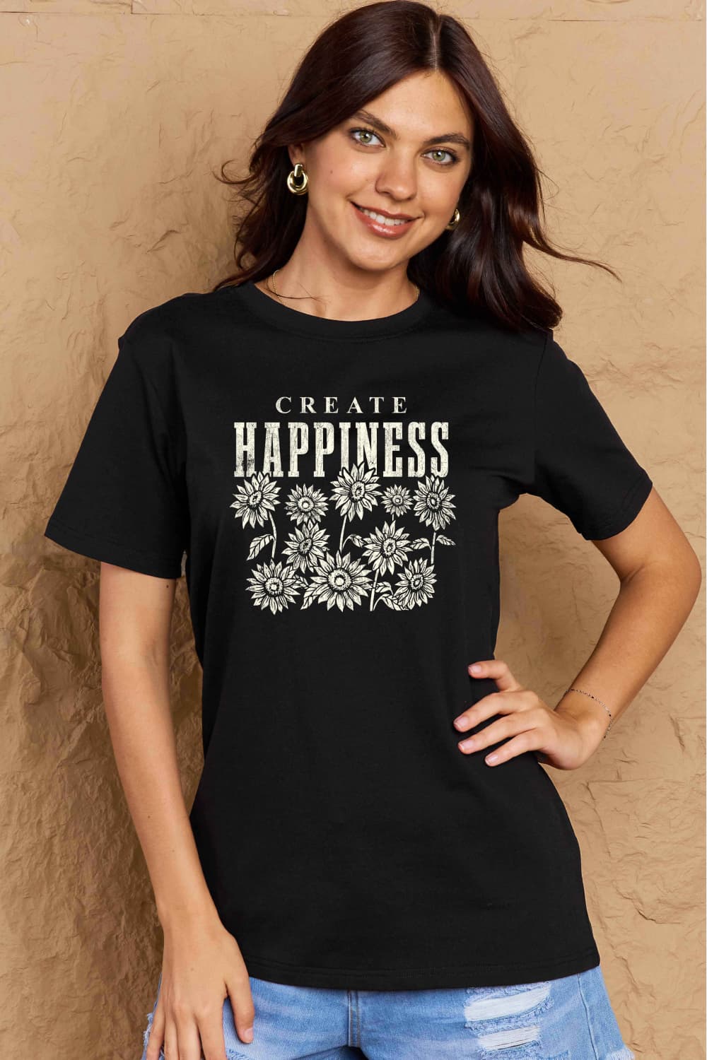 Full Size CREATE HAPPINESS Graphic Cotton T-Shirt