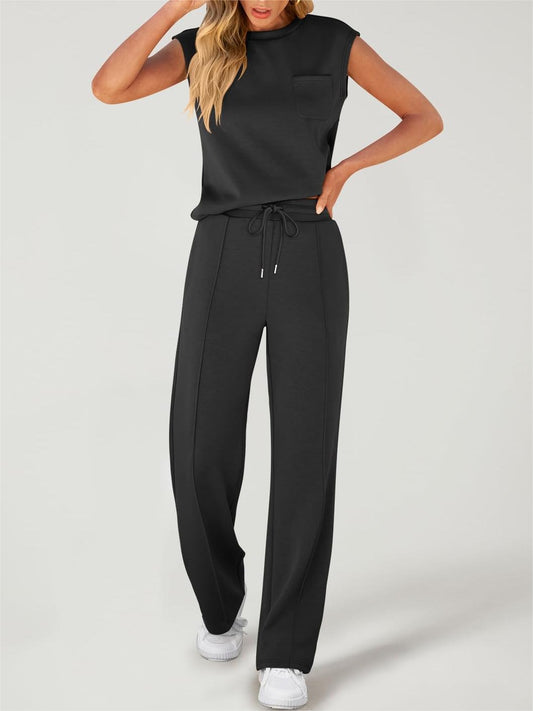 Full Size Round Neck Top and Drawstring Pants Set