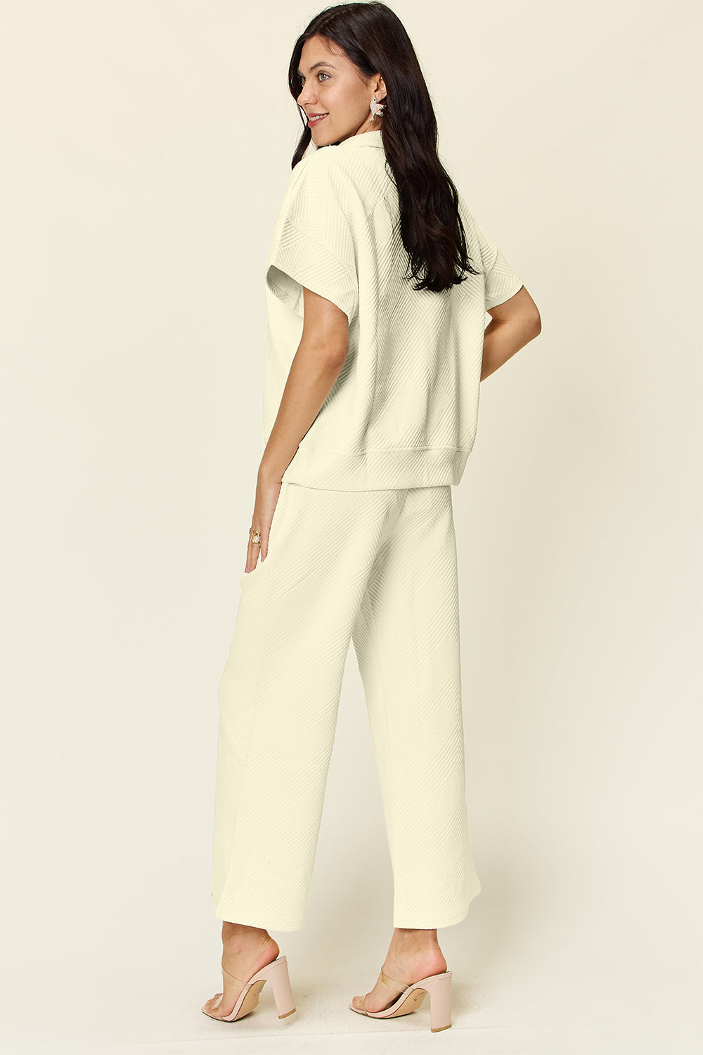 Full Size Texture Half Zip Short Sleeve Top and Pants Set